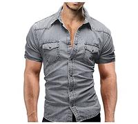 Camisa vaquera para hombre, casual, de manga corta, de verano, ajustada, de manga corta, ropa de uso diario, camisas de trabajo lavadas, duraderas, para caminar, senderismo, camping, gris, XXL
