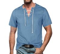 Camisa vaquera para hombre con cordones, cuello en V, con cordones, para la playa, camisa de verano, vintage, elegante, camiseta de manga corta, camisa vaquera para hombre, camisa informal de un solo