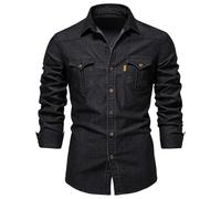 Camisa vaquera para hombre, cuello Kent, camisa de manga larga, camisa de negocios, vintage, informal, informal, chaqueta vaquera, ligera, con botones, corte regular, camisa de trabajo, Negro , M