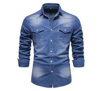 Camisa vaquera para hombre, cuello Kent, camisa de manga larga, camisa de negocios, vintage, informal, informal, chaqueta vaquera, ligera, con botones, corte regular, camisa de trabajo, azul, 3XL