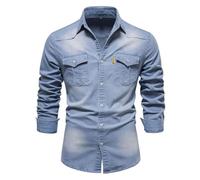 Camisa vaquera para hombre, cuello Kent, camisa de manga larga, camisa de negocios, vintage, informal, informal, chaqueta vaquera, ligera, con botones, corte regular, camisa de trabajo, azul claro, M