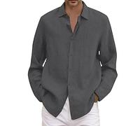 Camisa vaquera para hombre hombre verano algodón lino sólido casual más tamaño camisa suelta camisa hombre cuello vuelto camisa de manga larga brillante camisa hombre, gris oscuro, XL