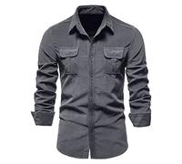 Camisa vaquera para hombre, manga larga, ajuste delgado, cierre de botones, detalle de rayas, versátil para negocios y ocasiones informales, gris, XXL