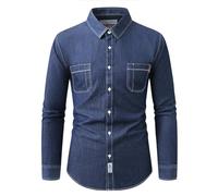 Camisa vaquera para hombre, vintage, informal, camisa de hombre, camisa de manga larga, corte regular, camisa vaquera, chaqueta ligera, informal, camisa de trabajo, cuello Kent, camisa de negocios