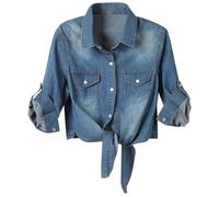 Camisa vaquera para mujer de estilo occidental informal - Blusa vaquera clásica con mangas enrollables | Camisa versátil de algodón para abotonar o anudar, Style_w02 Blue, L