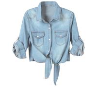 Camisa vaquera para mujer de estilo occidental informal - Blusa vaquera clásica con mangas enrollables | Camisa versátil de algodón para abotonar o anudar, Style_w01 Blue, XL