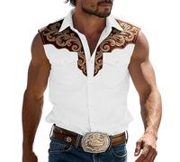 Camisa vikinga hombre sin mangas con bordado medieval retro camisa vaquero Western vintage para hombre cuello rapeado bolsillos pecho abotonado tejido ligero transpirable para primavera verano, A