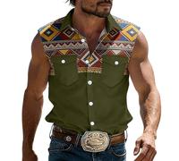Camisa vikinga hombre sin mangas con bordado medieval retro camisa vaquero Western vintage para hombre cuello rapeado bolsillos pecho abotonado tejido ligero transpirable para primavera verano, verde