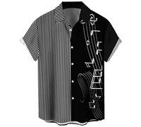 Camisa vintage de bolos para hombre, estilo rockabilly de los años 50, manga corta, botones y música, camisas hawaianas, Notas musicales a rayas negras, XXL