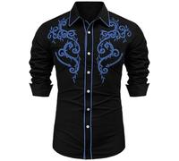 Camisa Western de manga larga bordado vaquero casual con botones a presión para hombre camiseta vintage para hombre estilo festival de cerveza traje de carnaval God of War, azul, S