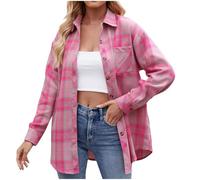 Camisas a cuadros con botones para mujer, para otoño, casual, holgada, de gran tamaño, con bolsillo, diseño clásico a cuadros, cuello y manga larga, blusas largas para mujer, hot pink, XXL