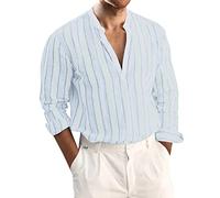 Camisas a rayas para hombre, de manga larga, suaves, Henley de manga larga, ajuste regular, camisa de playa de verano con medio botón, camisa de cuello de abuelo, camisa ligera para playa, ocio al