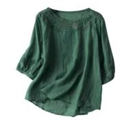 Camisas Algodón y Lino Elegante Cómoda Camisa Blusones Mujer Tallas Grandes Estilo Folk con Bordados Florales Vintaje Camiseta Holgada de Manga Media Moda de Primavera Playeras Verano (Green, L)