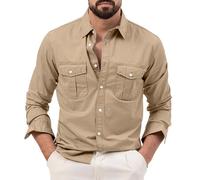 Camisas casuales para hombre, solapas de manga larga de color sólido, camisas con 2 bolsillos en el pecho, camisa de otoño Leisure Men's Cargo Camisas con botones, caqui, S