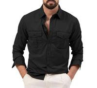 Camisas casuales para hombre, solapas de manga larga de color sólido, camisas con 2 bolsillos en el pecho, camisa de otoño Leisure Men's Cargo Camisas con botones, Negro , L