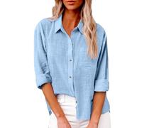 Camisas con Botones de Moda for Mujer, Blusas Casuales Sueltas de Manga Larga de Verano con Solapa de Gasa, Camisa de Lino de algodón con Cuello(A1-Sky Blue,XX-Large)