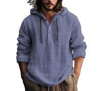 Camisas con capucha para hombre, de manga larga, con botones, cuello en V, ajuste holgado, con cordón, para vacaciones, estilo casual, color liso, transpirable, con bolsillo, Z02azul marino, XXL