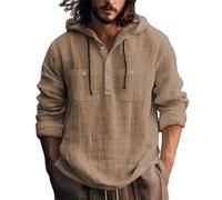 Camisas con capucha para hombre, de manga larga, con botones, cuello en V, ajuste holgado, con cordón, para vacaciones, estilo casual, color liso, transpirable, con bolsillo, Z01brown, S
