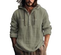 Camisas con capucha para hombre, de manga larga, de algodón, ajuste holgado, cuello acanalado de 3 botones, con cordón, color sólido, transpirables, lisas, ligeras, de verano, estilo casual, verde, L