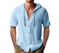 Camisas con capucha para hombre, manga corta, algodón sólido y lino, sudadera con capucha para hombre, azul celeste, XL