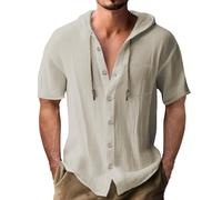Camisas con capucha para hombre, manga corta, algodón sólido y lino, sudadera con capucha para hombre, caqui, 3XL