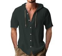 Camisas con capucha para hombre, manga corta, algodón sólido y lino, sudadera con capucha para hombre, verde, L