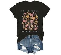 Camisas cristianas para mujer con texto en inglés "It is Well with My Soul ", versículo bíblico, camisa bohemia con flores silvestr, Negro, XXL