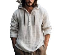 Camisas de algodón de cáñamo de manga larga con capucha para hombre, camisas con botones y solapa, lisas, sueltas, a la moda, informales, con cordón, para deportes, camisetas con capucha, ligeras