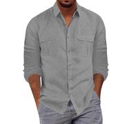 Camisas de algodón y lino para hombre de manga larga, ajuste regular, casual, lisa, ligera, con botones, cuello mao, parte superior con bolsillo, transpirable, cómoda, ajuste clásico, camisa polo