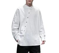 Camisas de algodón y lino para hombre, estilo retro, tradicional, Tang Suit Top sólido de manga larga, blanco, 5XL