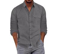 Camisas de algodón y lino para hombre, manga larga, ajuste regular, casual, lisa, ligera, con botones, cuello alto, bolsillo, transpirable, cómoda, ajuste clásico, camisa polo de negocios de moda,