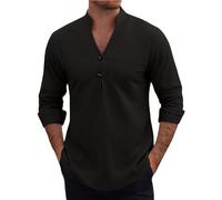 Camisas de algodón y lino para hombre, manga larga, casual, medio botón, cuello en V, ligeras, estilo Henley, para verano, playa, ajuste holgado, blusa tipo túnica, Negro, L
