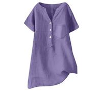 Camisas de algodón y lino para mujer, color liso, manga 3/4, camisetas de gran tamaño para mujer, estilo casual, cuello en V, blusas elegantes, 1a-púrpura, 4XL