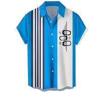 Camisas de boliche Vintage para Hombre, Estilo Casual, de Manga Corta, con Botones, en Contraste, para Verano, con Bloques de Color, Camisas cubanas, Cuadrado Azul, X-Large