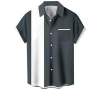 Camisas de boliche Vintage para Hombre, Estilo Casual, de Manga Corta, con Botones, en Contraste, para Verano, con Bloques de Color, Camisas cubanas, Gris y Blanco, Large
