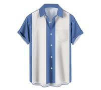Camisas de boliche Vintage para Hombre, Estilo Casual, de Manga Corta, con Botones, en Contraste, para Verano, con Bloques de Color, Camisas cubanas, Azul y Blanco, XX-Large