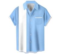Camisas de boliche Vintage para Hombre, Estilo Casual, de Manga Corta, con Botones, en Contraste, para Verano, con Bloques de Color, Camisas cubanas, Celeste y Blanco, 4X-Large