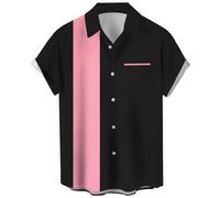 Camisas de boliche Vintage para Hombre, Estilo Casual, de Manga Corta, con Botones, en Contraste, para Verano, con Bloques de Color, Camisas cubanas, Negro Rosa, X-Large