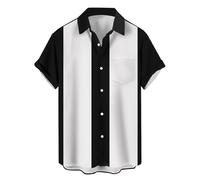Camisas de boliche Vintage para Hombre, Estilo Casual, de Manga Corta, con Botones, en Contraste, para Verano, con Bloques de Color, Camisas cubanas, Negro y Blanco, Large