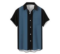 Camisas de Bolos Vintage de los años 50 para Hombre, Estilo Casual, Manga Corta, con Botones, Contraste, Camisas cubanas de Verano, Negro y Azul, X-Large