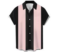 Camisas de bolos vintage para hombre de los años 1950, camisas casuales de manga corta con botones, camisa contrastante de verano con bloques de color cubano, Negro y rosado, Small
