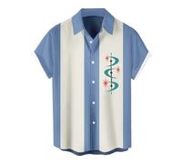 Camisas de bolos vintage para hombre de los años 1950, camisas casuales de manga corta con botones, camisa contrastante de verano con bloques de color cubano, azul, (Boomerang Blue), 3X-Large