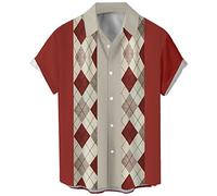 Camisas de bolos vintage para hombre de los años 1950, camisas casuales de manga corta con botones, camisa contrastante de verano con bloques de color cubano, Large