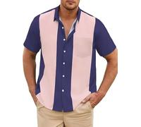Camisas de bolos vintage para hombre en púrpura y rosa de los años 1950, camisa casual de manga corta con botones y contraste