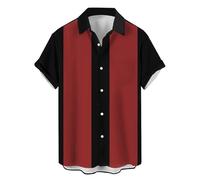 Camisas de bolos vintage para hombre, manga corta, con botones, bloque de color, camisa Cuba, Negro y rojo ladrillo, X-Large