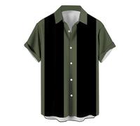 Camisas de bolos vintage para hombre, manga corta, con botones, bloque de color, camisa Cuba, Verde y negro, X-Large