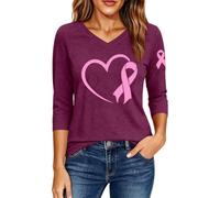 Camisas de cáncer de mama para mujer, con cinta de lazo, camiseta estampada para el cáncer de mama, camiseta de manga larga para el día a día y festivales de ocio, Vino, 3XL