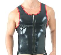 Camisas De Chaleco De Látex Con Cuello Redondo Con Cremallera Frontal Ropa De Goma Camiseta Sin Mangas, Negro Con Rojo, Para Hombre S,Verde Manzana Con Rojo,Macho XL