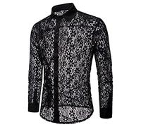 Camisas de Club Nocturno para Hombres, Brazo Lleno de Encaje Color sólido Diseño de Moda Blusa de Solapa de Manga Larga Camisa Floral Transparente para Hombres Camisas de Manga Larga con Botones