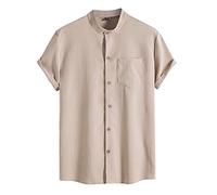 Camisas de cuello de abuelo para hombre, manga corta, camisas con botones para hombre, casual, ajuste regular, camisa de verano refrescante, transpirable, cómoda, lisa, con bolsillo en el pecho